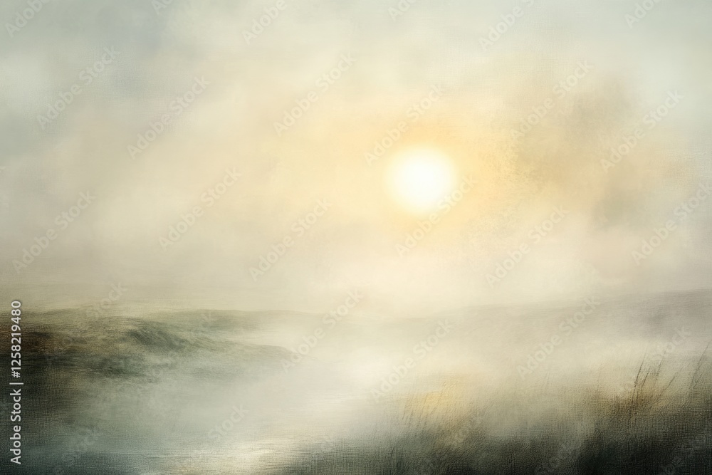 Fototapeta premium Misty morning landscape with a soft, hazy sun rising over rolling hills and calm water.