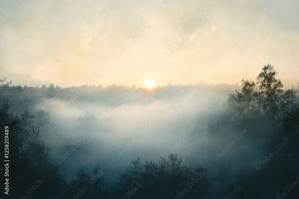 Naklejka premium Serene sunrise over a misty forest, painting-like texture, tranquil morning scene.