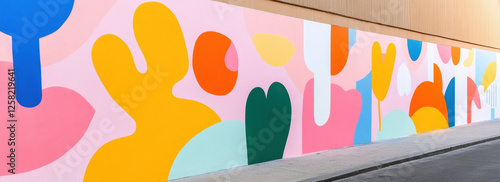 vibrant and colorful abstract mural featuring bold shapes and patterns on urban wall. Pride month activity concept photo