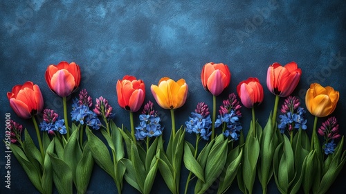 Vibrant arrangement of tulips and blue flowers on a textured blue background, ideal for spring themes