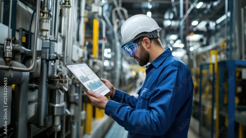 An industrial engineer using augmented reality (AR) glasses to analyze factory production efficiency, holographic charts floating above the assembly line An industrial engineer using augmented reality (AR) glasses to analyze factory production efficiency, holographic charts floating above the assembly line