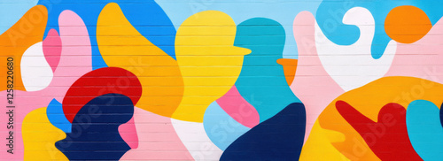 Colorful abstract mural with vibrant shapes and silhouettes on brick wall, evoking joy and creativity. Pride month activity concept