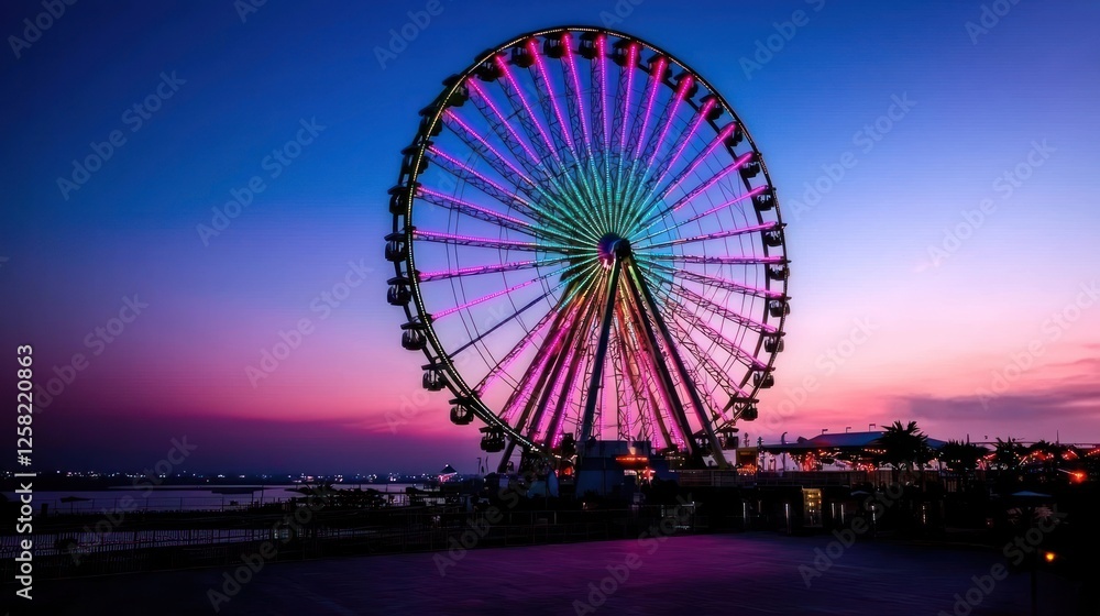 Illuminated Ferris wheel at sunset, harbor view, amusement park Illuminated Ferris wheel at sunset, harbor view, amusement park