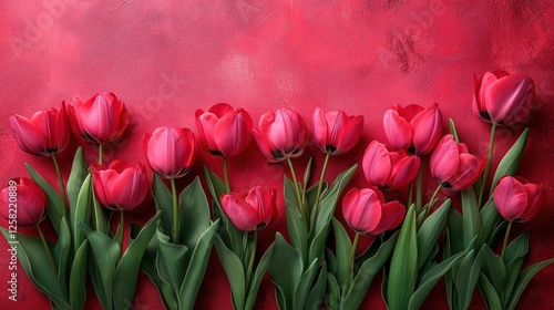 Vibrant pink tulips arranged elegantly against a textured red background, perfect for floral designs
