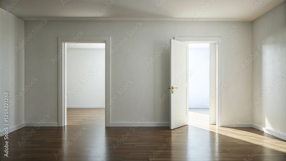 A bright room with two doors, one open, the other closed, revealing a glimpse of another room, all bathed in the warm glow of natural light. A bright room with two doors, one open, the other closed, revealing a glimpse of another room, all bathed in the warm glow of natural light.