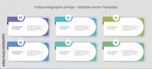 6 Steps Infographics Design Template - Graph, Pie chart, workflow layout, rectangular diagram, brochure, report, presentation, web design Editable Vector illustration on white background