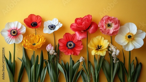 Colorful arrangement of various artificial flowers against a bright yellow background, showcasing spring vibes