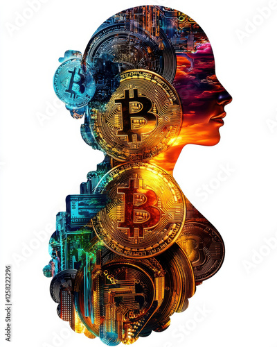 Wallpaper Mural Silhouette human meditation and wealth theme in double exposure concept. Silhouette of a woman filled with Bitcoin imagery and vibrant colors Torontodigital.ca