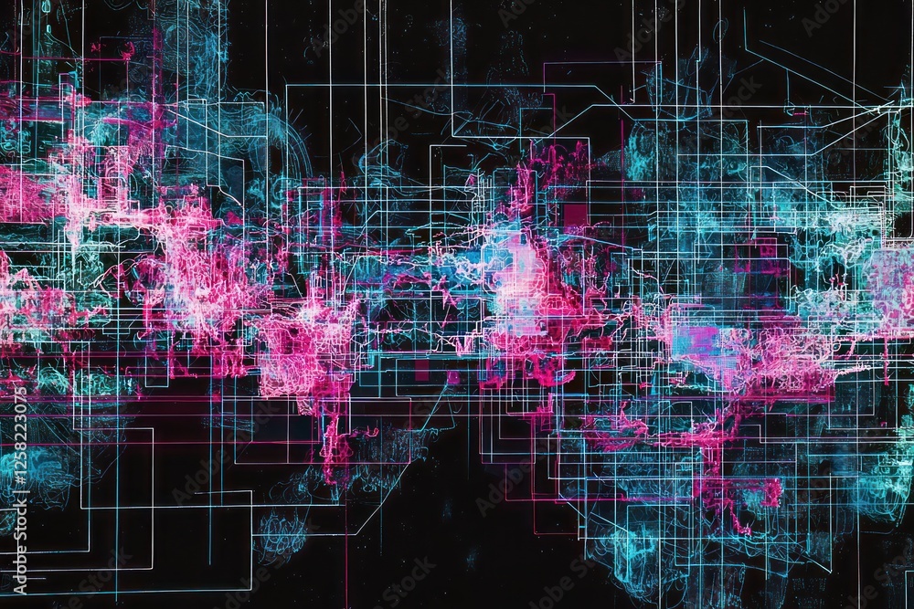 Obraz premium Neon gridlines in pink and cyan form intricate abstract waveforms, casting a brilliant glow in a digital black space.