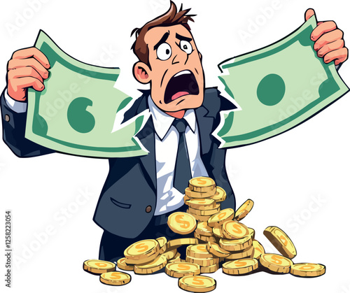 Vsai desperate businessman tearing banknote surrounded by gold coins