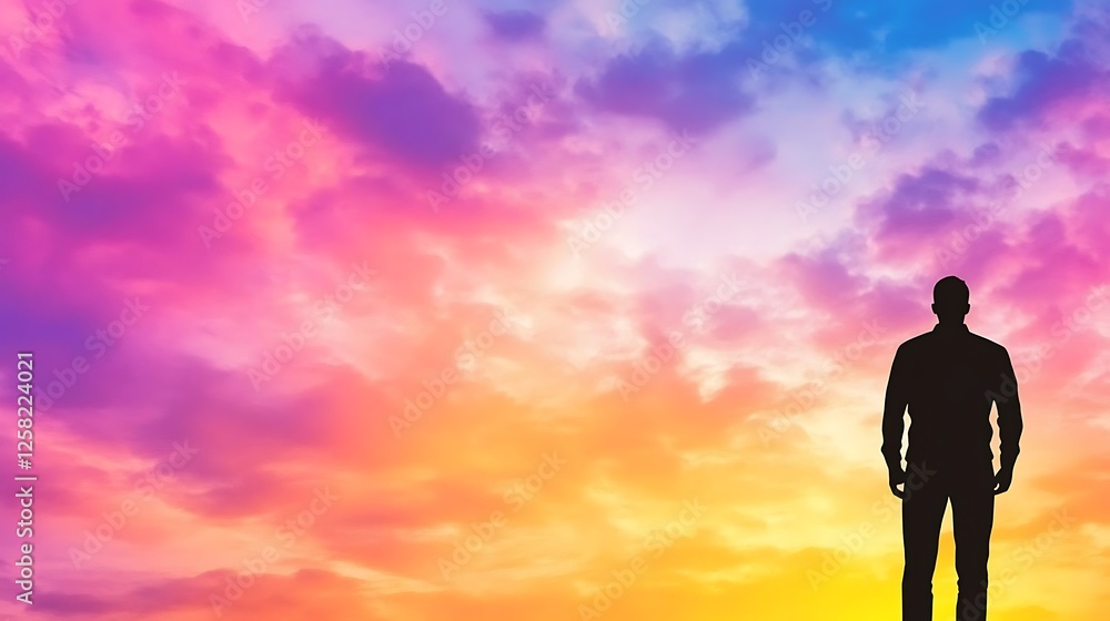 Silhouette of Man Watching Colorful Sunset Sky Scenery Reflecting Hopeful Mood and Aspiration Silhouette of Man Watching Colorful Sunset Sky Scenery Reflecting Hopeful Mood and Aspiration