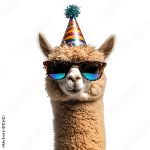 Cheerful Alpaca Ready to Party in Festive Hat and Sunglasses - Cute Animal Isolated on Transparent Background