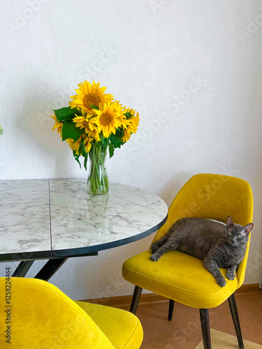 Obraz na płótnie A grey cat is lying on a yellow armchair near a table with a bouquet of sunflowers w salonie