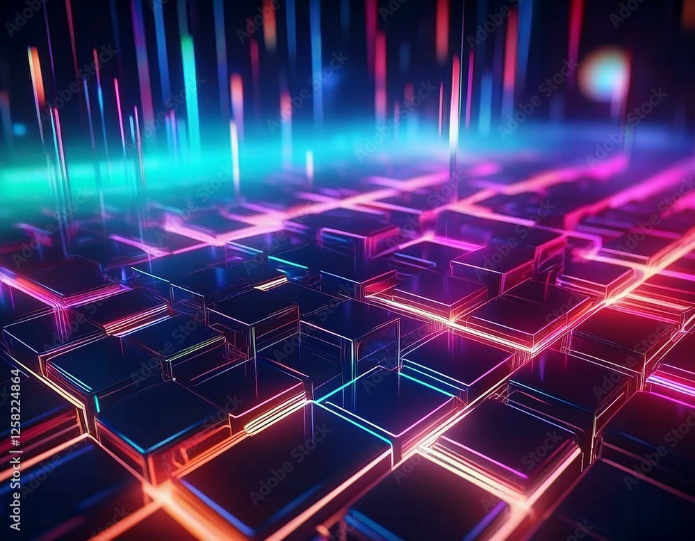 3d rendering of abstract geometric background with neon glowing cubes in dark space, 3D illustration of an abstract background with bokeh lights and mushrooms. 3d rendering of abstract geometric background with neon glowing cubes in dark space, 3D illustration of an abstract background with bokeh lights and mushrooms.