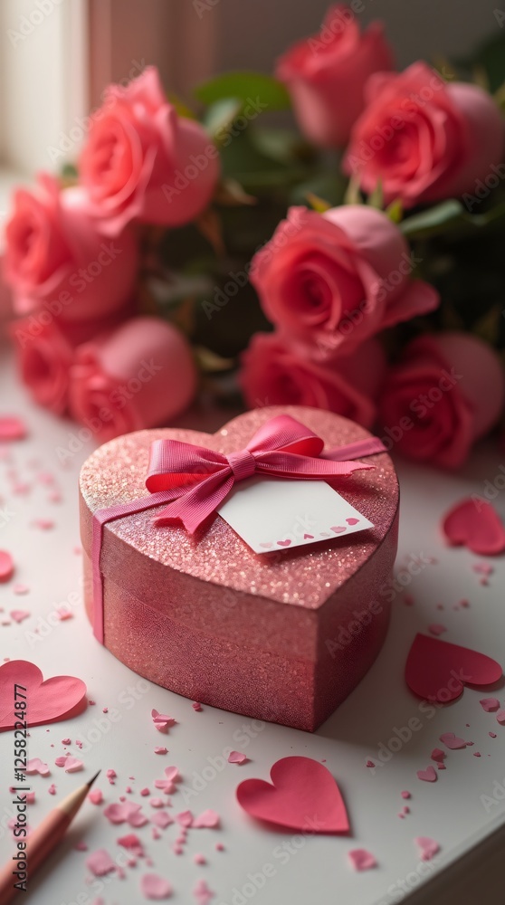 Heart shaped box lying on table next to bouquet of roses