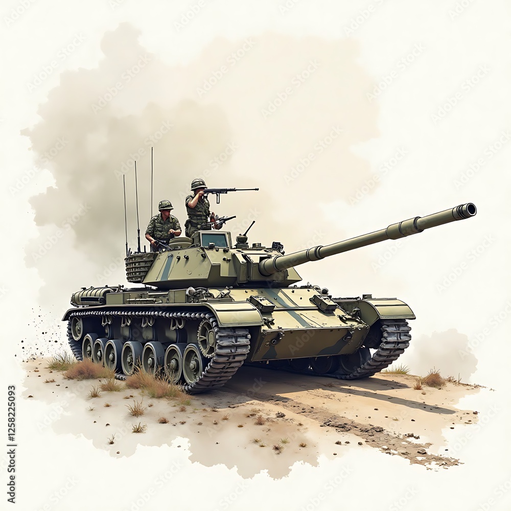 Military Tank with Soldiers on Patrol, Camouflage and Movement Military Tank with Soldiers on Patrol, Camouflage and Movement