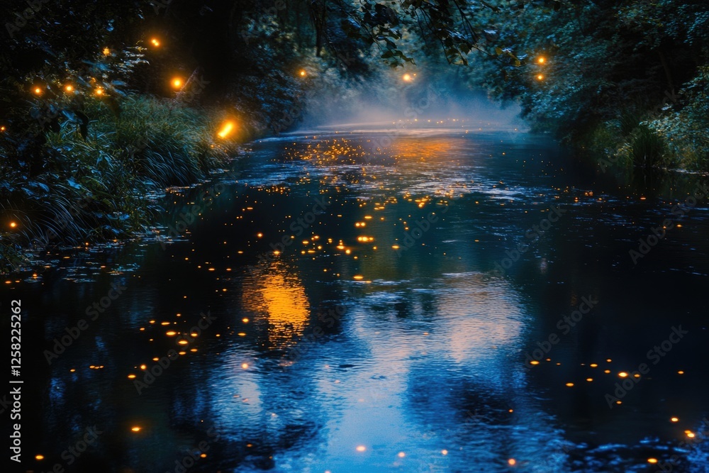 Fototapeta premium Enchanted river at night, glowing lights reflecting on water's surface, creating magical ambiance.