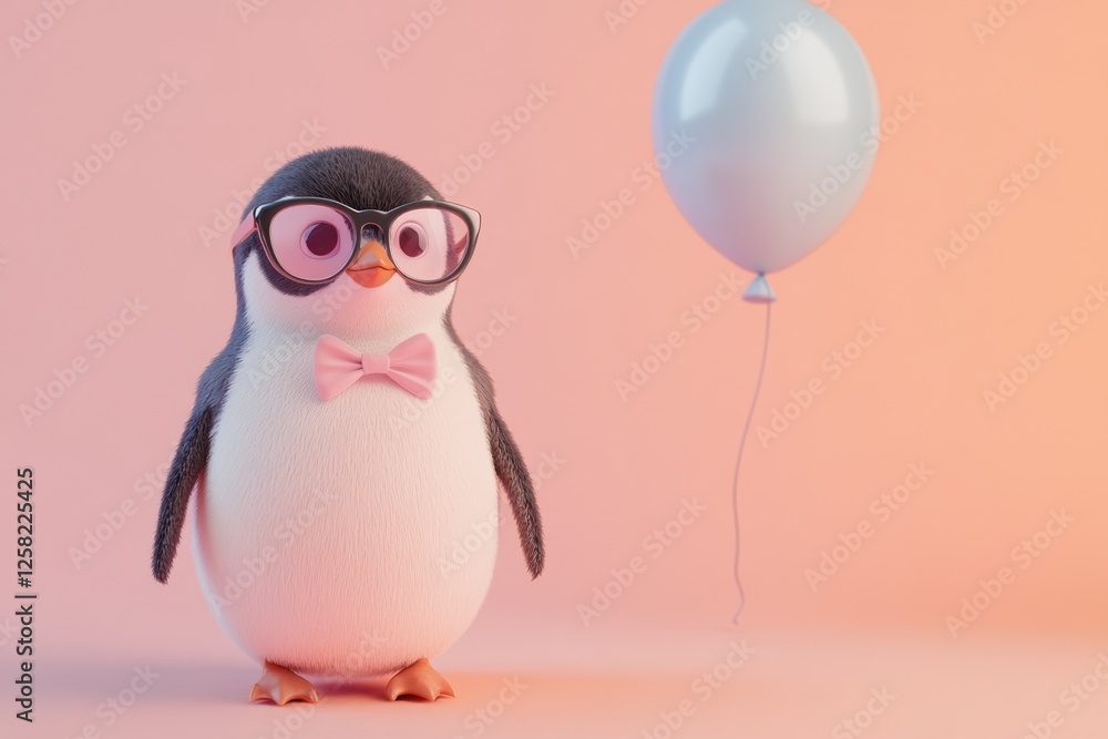 Obraz premium A cute cartoon penguin wearing glasses and a bow tie stands near a light blue balloon against a peach background.