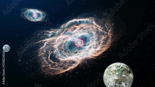 Sci-fi space with white planet and fictional god eye nebulae on the deep space