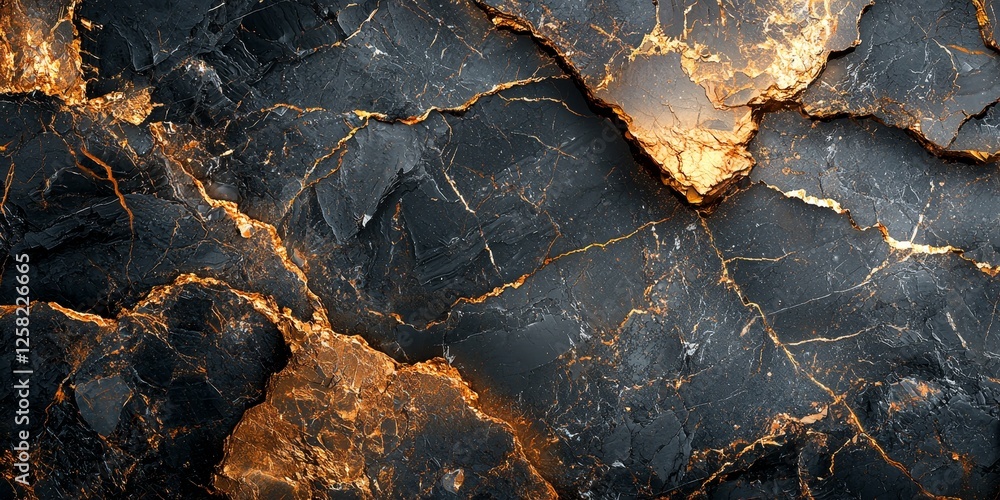 Fototapeta premium Elegant Black Marble with Gold Accents, Mirror-Like Polish, Ambient Light Reflections 