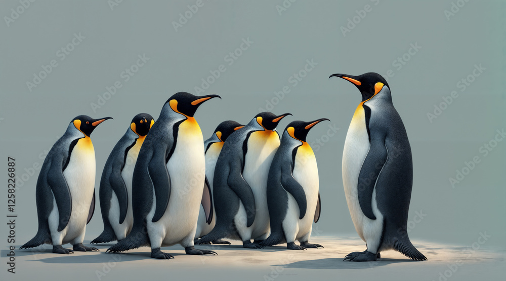 Fototapeta premium A group of penguins standing in a row, one of them standing alone. 