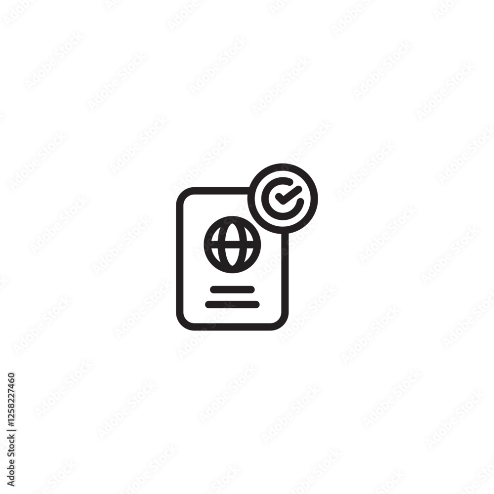 A document with a globe icon and two lines of text has a checkmark in a circle overlaid. Represents verified passport, approved international document, or confirmed travel authorization. A document with a globe icon and two lines of text has a checkmark in a circle overlaid. Represents verified passport, approved international document, or confirmed travel authorization.