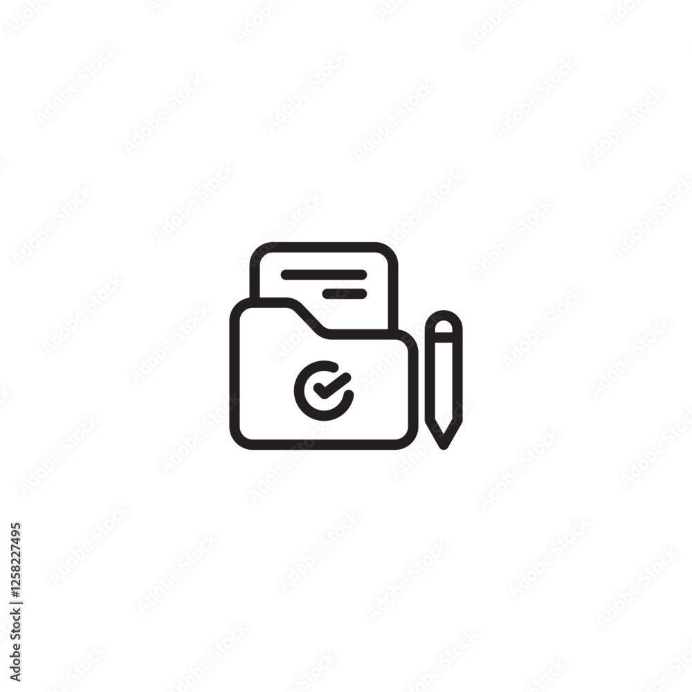 An open folder with a document inside has a checkmark in a circle on the folder and a pencil beside it. Represents approved documents, verified files, or completed editing. An open folder with a document inside has a checkmark in a circle on the folder and a pencil beside it. Represents approved documents, verified files, or completed editing.