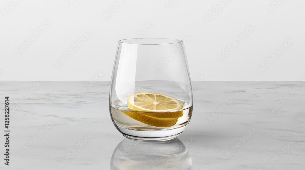 Transparent glass with lemon slice on marble countertop surface Transparent glass with lemon slice on marble countertop surface