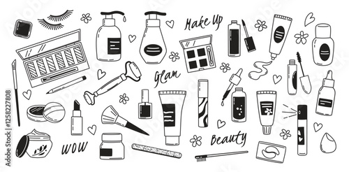 Doodle cosmetic products. Hand drawn beauty accessories and makeup cosmetics, skincare treatment bottles and tools. Lipstick, mascara, cream and nail polish isolated vector set.
