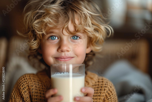 A curly-haired child with blue eyes enjoys a glass of milk while relaxing indoors in a cozy, warm environment in daylight.