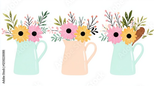 Rustic handcrafted homestead heritage. Three decorative pitchers filled with colorful flowers, showcasing vibrant blooms and greenery, creating a cheerful and artistic display.