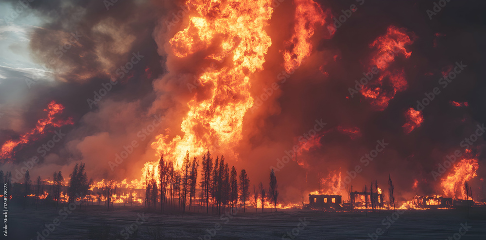 Massive fire burning in open field with smoke rising into the sky Massive fire burning in open field with smoke rising into the sky