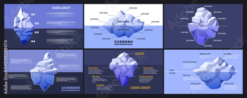 Iceberg diagram infographic. Business presentation for visible and hidden factors with cartoon icebergs and text callouts. Strategy visualization vector template set.