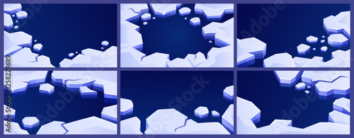 Ice floes frames. Cold banner template with frozen arctic water and cracked floe borders. Fracturing ice with free text space, winter vector backgrounds set.