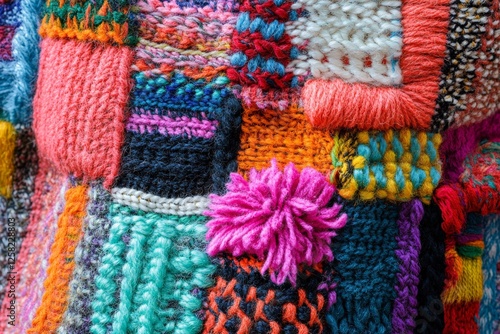 Colorful knitted textile showcasing diverse patchwork patterns in multiple shades and motifs photo