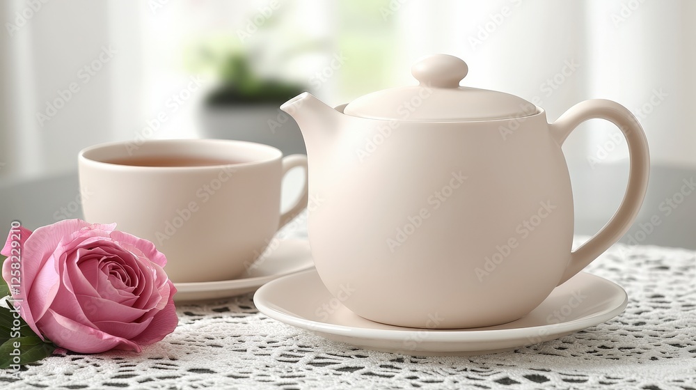 Elegant Teapot and Cup with Pink Rose on Lace Table Setting Elegant Teapot and Cup with Pink Rose on Lace Table Setting