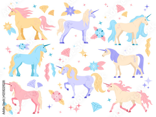 Cartoon unicorns. Cute fairy tale horses with magic horn, spark gems and flowers. Fantasy animal, magical princess stallion and glamour unicorn. Mythical horses isolated vector illustration set.