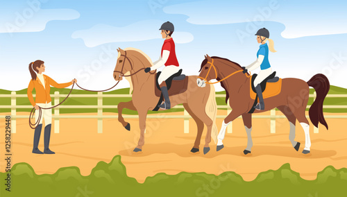 Horse riding lessons. Equestrian sport, jockey training and couple horse ride with riding instructor. Horseback rider school cartoon vector illustration.