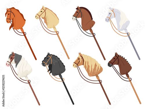 Hobby horsing sticks. Children toy with horse head on wooden stick, trendy kids equestrian sport and animal galloping and riding equipment. Stick horses isolated cartoon vector illustration set.