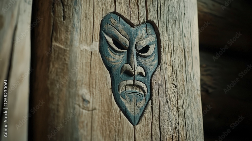 Intricate Wooden Carving of a Mask on a Rustic Timber Surface Intricate Wooden Carving of a Mask on a Rustic Timber Surface