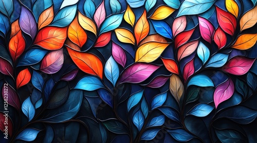 Vibrant and Colorful Leaf Patterns Intertwined on a Dark Background for Artistic Use