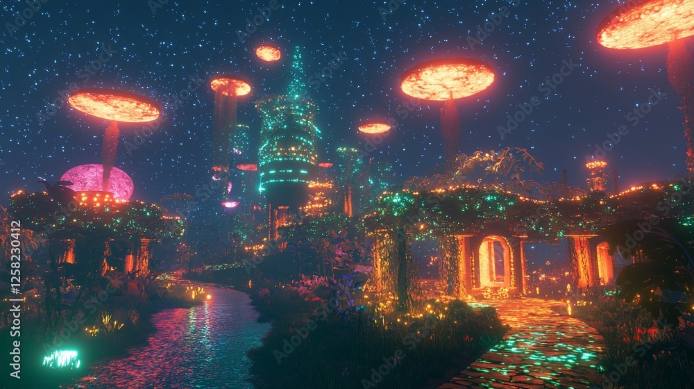 Glowing Night Cityscape, Fantasy Forest, River, Stars, Game Background Glowing Night Cityscape, Fantasy Forest, River, Stars, Game Background