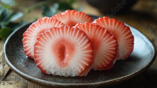 Sliced Strawberries on Dark Plate, Wooden Table Background photo