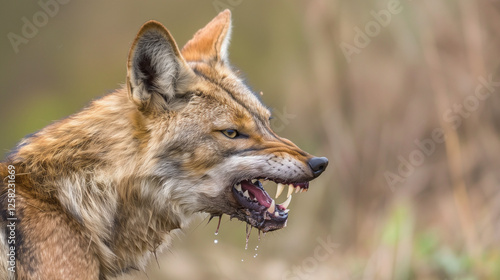 Aggressive rabid dog snarling with frothy saliva, intense eyes, and raised fur, isolated on a blurred background. Concept of danger, wild animal behavior, and rabies awareness photo