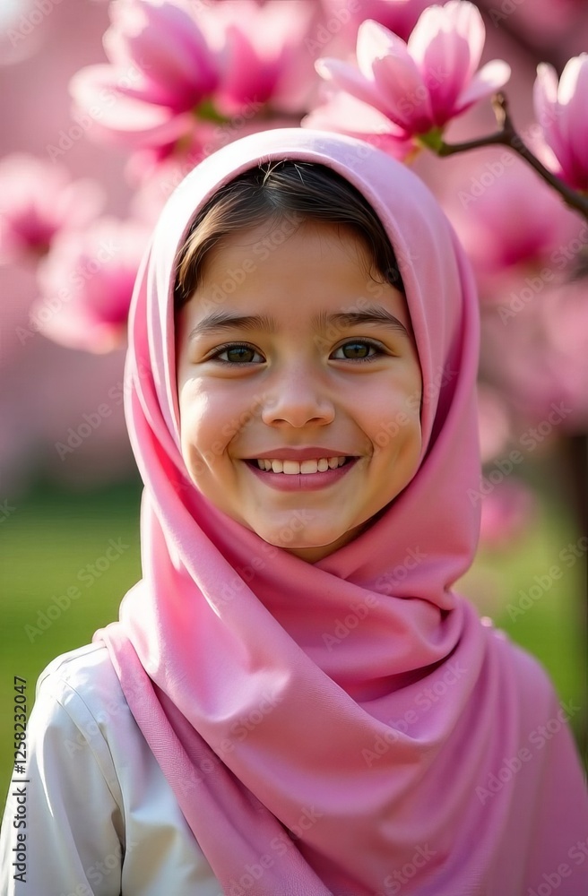 Portrait of smiling girl in traditional Jordanian costume standing under blooming magnolias. Vertical concept of spring vibes on a sunny day Portrait of smiling girl in traditional Jordanian costume standing under blooming magnolias. Vertical concept of spring vibes on a sunny day