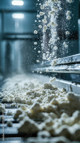 Close up of milk powder particles falling on conveyor belt, creating dynamic scene