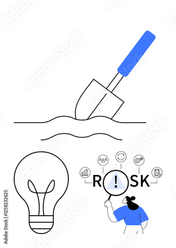 Shovel digging soil, light bulb for ideas, person analyzing risks. Ideal for creativity, innovation, problem-solving, research, growth analysis, decision-making abstract line flat metaphor