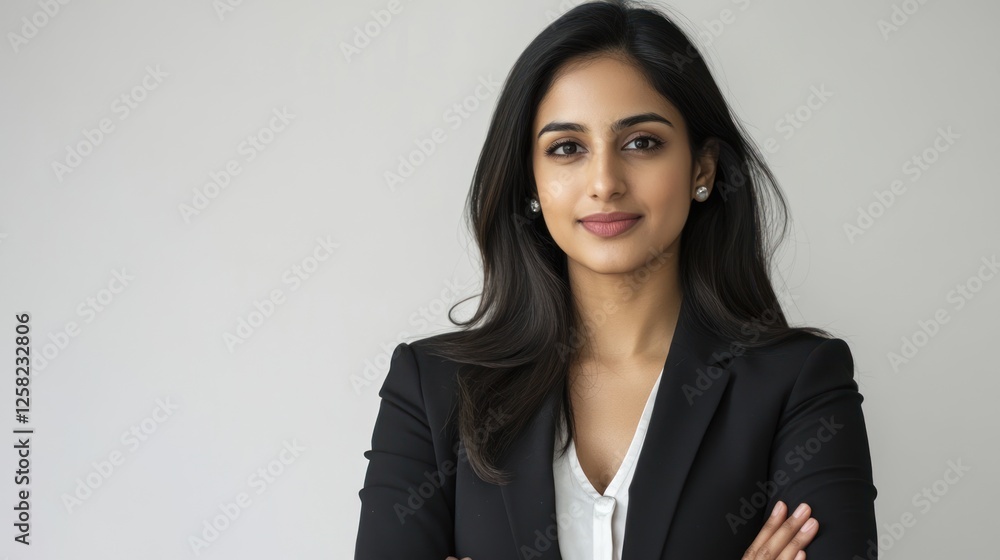A confident businesswoman stands with her arms crossed, showcasing professionalism and poise in a modern corporate environment. A confident businesswoman stands with her arms crossed, showcasing professionalism and poise in a modern corporate environment.