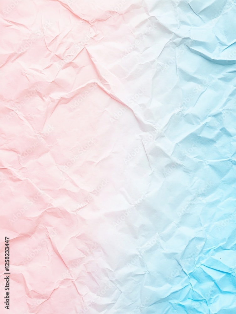 Obraz premium Crumpled paper with smooth color transition from pink to white to blue, creating a soft gradient.