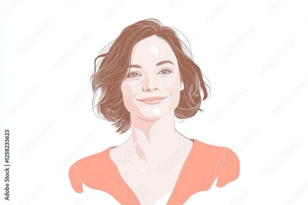 A minimalist illustration of a smiling woman with shoulder-length wavy brown hair, wearing a coral dress. A minimalist illustration of a smiling woman with shoulder-length wavy brown hair, wearing a coral dress.